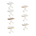 Mesa centro elevable CINNIA convertible en mesa comedor con patas metálicas en X y acabado en varios colores.