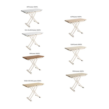 Mesa centro elevable CINNIA convertible en mesa comedor con patas metálicas en X y acabado en varios colores.