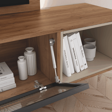 Mueble de salón composición TIVOLI suspendido bitono con cristal Olas y panel trasero