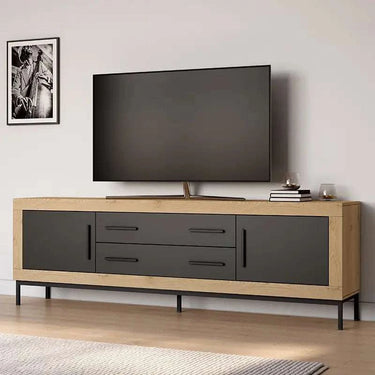Mueble TV ASTI de 200 cm con 2 cajones y 2 puertas, diseño minimalista y acabado en melamina resistente.