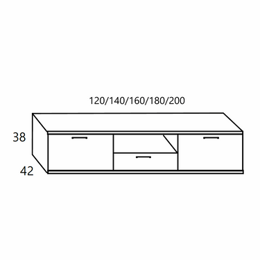 Mueble para TV lineal de melamina, sin color indicado, con dos puertas laterales y módulo central con hueco y cajón.