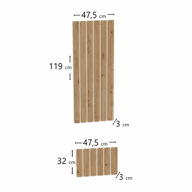 Mueble Recibidor, two light oak-toned slatted panels with a vertical wood-grain pattern, shown in different sizes.