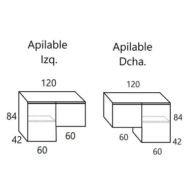 Mueble salón modular con apilable reversible a izquierda o derecha, acabado liso y medidas señaladas en un esquema lineal en blanco y negro.