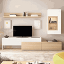Mueble salón modular en blanco y madera clara, con mueble bajo de puertas lisas, vitrina colgada y estante abierto.