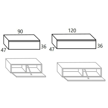 Mueble salón con dos módulos bajos rectangulares y puertas abatibles, mostrado en esquemas acotados de 90 y 120 cm.