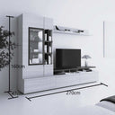 Mueble salón de acabado blanco grisáceo con vetas sutiles, compuesto por mueble de TV, vitrina acristalada y estante.