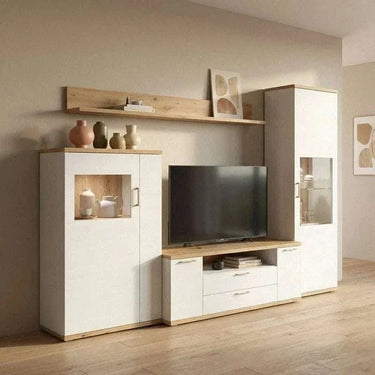 mueble salón comedor bolonia completo con vitrina y estante reversible