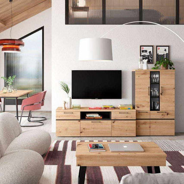 mueble salón comedor roma bitono moderno con vitrina y bajo tv