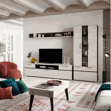 Mueble de salón Comedor composición ROMA estilo nórdico con vitrina, bajo TV y estante