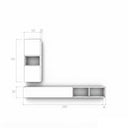 Mueble salón modular blanco de melamina, con mueble bajo alargado y módulo vertical con hueco abierto.