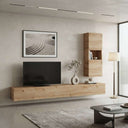 Mueble salón modular de melamina efecto madera clara, con bajo TV alargado y módulo mural con hueco abierto.