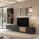 Mueble salón modular en gris ébano y madera clara, con módulos flotantes, cubo abierto y frentes lisos.