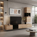 Mueble salón modular en tonos madera clara y negro, con acabado veteado, módulos flotantes y cubo abierto.