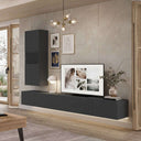 Mueble salón modular de melamina gris antracita, con mueble bajo flotante y módulo alto cerrado de líneas lisas.