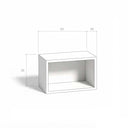 Mueble salón modular, cubo abierto blanco de líneas rectas y acabado liso, con medidas indicadas de 50 × 28 × 32 cm.