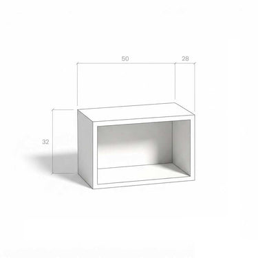 Mueble salón modular, cubo abierto blanco de líneas rectas y acabado liso, con medidas indicadas de 50 × 28 × 32 cm.