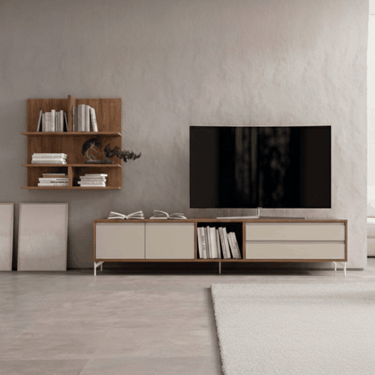 Mueble de salón minimalista TIVOLI con patas metálicas y estantería colgada