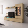 Mueble salón de madera clara con acabado veteado, compuesto por mueble de TV, vitrina acristalada y estante mural.