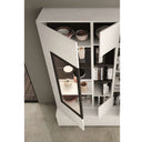 Mueble salón de melamina blanca con vitrina de cristal y marco negro, estantes abiertos para libros y decoración
