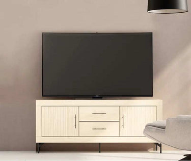 Composición de salón ASTI ambiente 3 con mueble TV y vitrina moderna de cuatro puertas en madera reciclada
