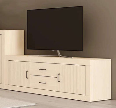 Composición de salón ASTI ambiente 3 con mueble tv y vitrina moderna de cuatro puertas en madera reciclada y diseño elegante