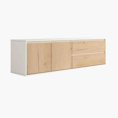 Composición de salón LECCE ambiente 51 en tonos madera natural con mueble TV, vitrina y estante de pared