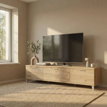 Composición salón comedor BOLONIA estilo nórdico moderno con vitrinas y mueble TV en madera de alta calidad
