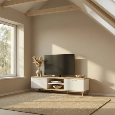 Mueble TV BOLONIA con dos huecos abiertos y dos puertas, diseño moderno y funcional adaptable a diferentes espacios.
