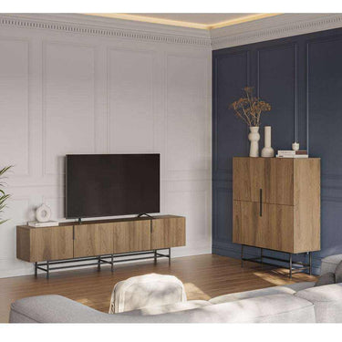 mueble tv eldia roble moderno con cuatro puertas y patas negras