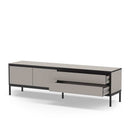 Mueble TV in light grey matte finish, with flat-front doors, open shelving, and slender black metal legs.