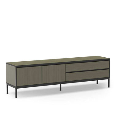 Mueble TV in taupe wood-grain melamine with black metal legs, featuring two cabinet doors and two drawers.