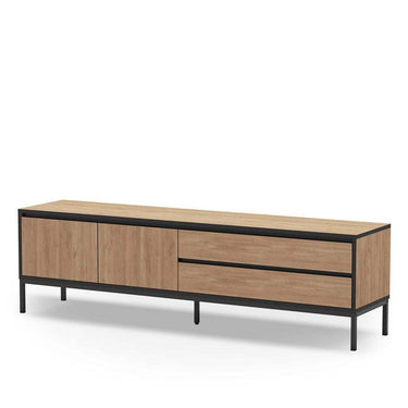 Mueble TV in warm oak-effect melamine with black metal frame and legs, featuring two doors and two drawers.