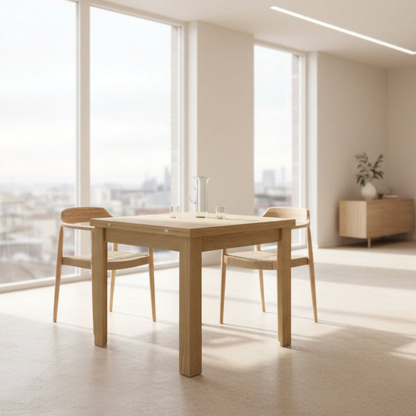Mesa cuadrada tipo libro extensible ALESSIA con pata en L y tablero laminado natural