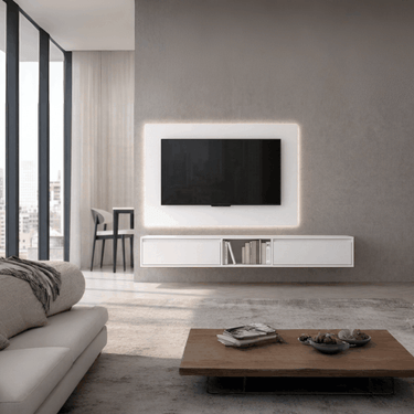 Mueble salón suspensión pared diseño minimalista bajo TV con panel decorativo madera reciclada colores personalizables
