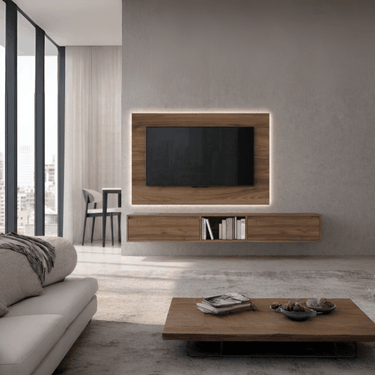 Mueble salón Tivoli compuesto por bajo TV suspendido y panel de pared minimalista y personalizable