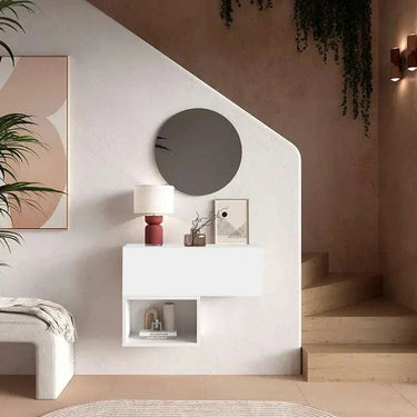 Recibidor FLORENCIA moderno con módulo de puerta y espejo rectangular elegante y funcional en tonos Artisan y Blanco