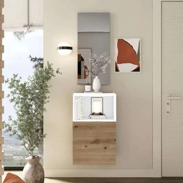 Mueble Recibidor FLORENCIA mod. 13 minimalista con espejo y módulo cerrado en colores Artisan, Blanco y Ebony.