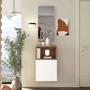 Mueble Recibidor FLORENCIA mod. 13 minimalista con módulo cerrado, abierto y espejo rectangular.