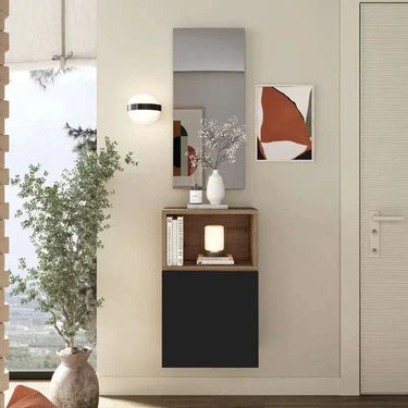 Mueble Recibidor FLORENCIA mod. 13 minimalista con módulo cerrado, abierto y espejo rectangular en colores Artisan, Blanco y Ebony.
