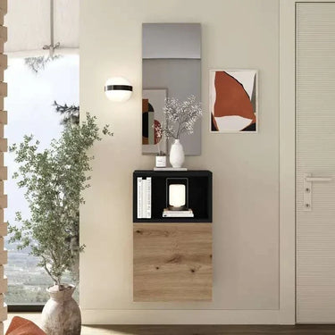 Mueble Recibidor FLORENCIA mod. 13 minimalista con espejo y módulo de puerta batiente en tonos blanco y ebony