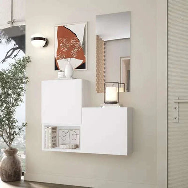 Mueble recibidor FLORENCIA mod. 8 de diseño contemporáneo con módulos cerrados, cubo abierto y espejo.