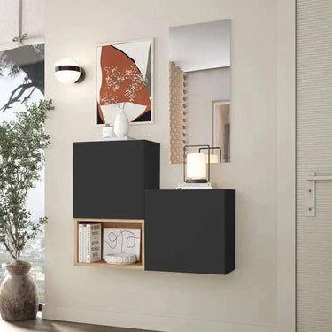 Mueble recibidor Florencia mod. 8 con diseño geométrico y espejo, doble módulo cerrado y cubo abierto para entrada organizada