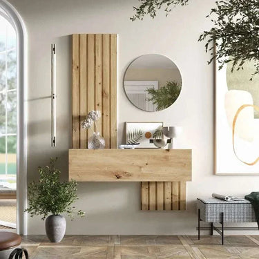 Mueble Recibidor FLORENCIA mod. 5 moderno con espejo redondo y puerta batiente en entrada elegante