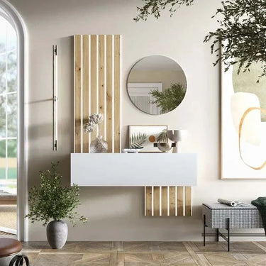 Mueble recibidor moderno FLORENCIA mod. 5 con espejo redondo y puerta batiente en acabado bicolor