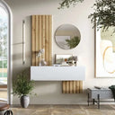 Mueble recibidor moderno FLORENCIA mod. 5 con espejo redondo y puerta batiente en tonos Artisan, Blanco y Ebony.