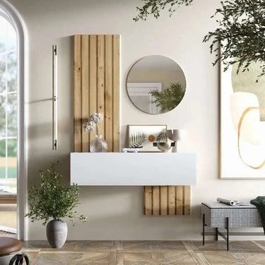 Mueble recibidor moderno FLORENCIA mod. 5 con espejo redondo y puerta batiente en tonos Artisan, Blanco y Ebony.