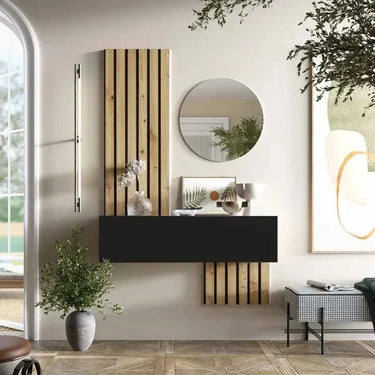 Mueble Recibidor FLORENCIA mod. 5 con espejo redondo y panel de palillera en madera bicolor