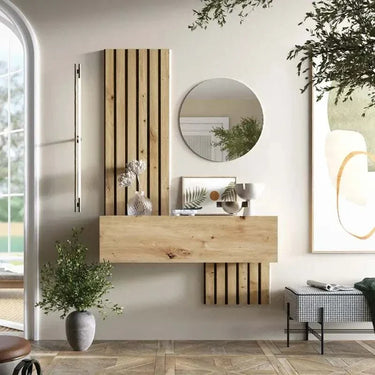Mueble recibidor FLORENCIA mod. 5 con espejo redondo y panel de palillera en estilo moderno