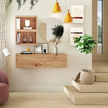 Mueble recibidor FLORENCIA mod. 7 con espejo redondo y almacenamiento combinado, diseño minimalista y bicolor.