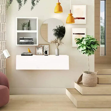 Mueble recibidor Florencia mod. 7 minimalista con espejo redondo y cubos de almacenaje en blanco y ebony.